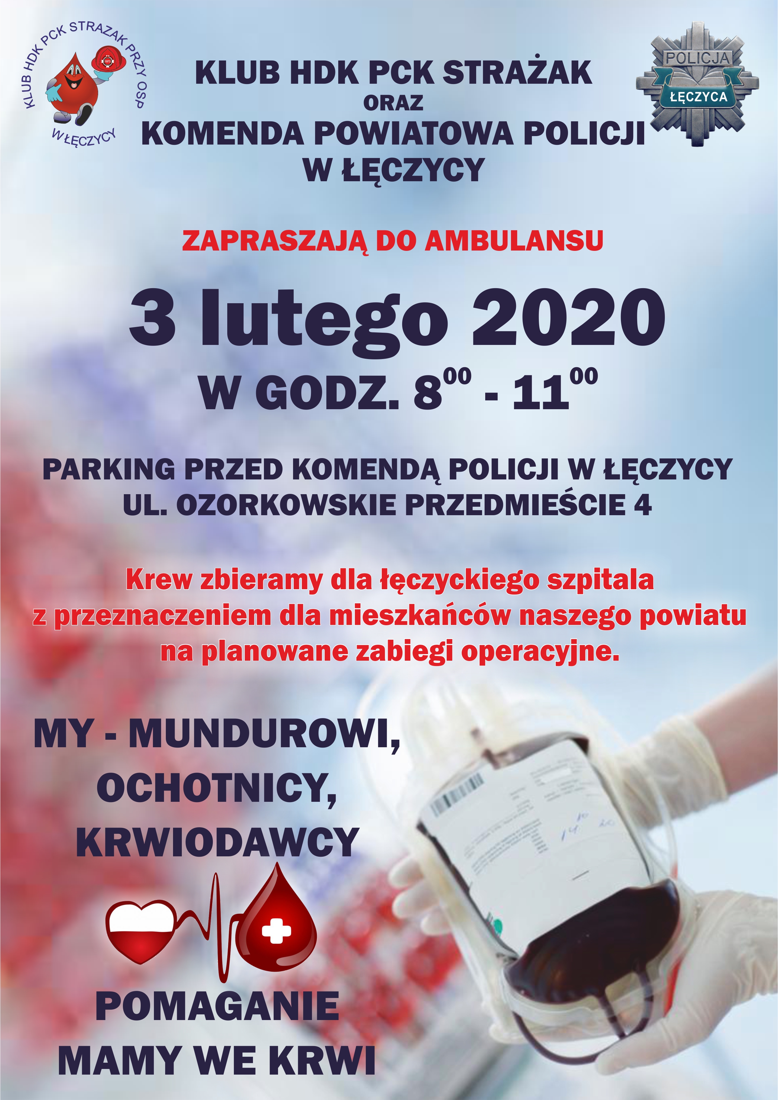 Zbiórka krwi dla Łęczyckiego szpitala z przeznaczeniem dla mieszkańców naszego powiatu na planowane zabiegi operacyjne.